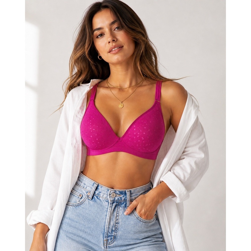 Bali Comfort Revolution Bra Womens 38DD Magenta Excellent Wireless Textured Dot